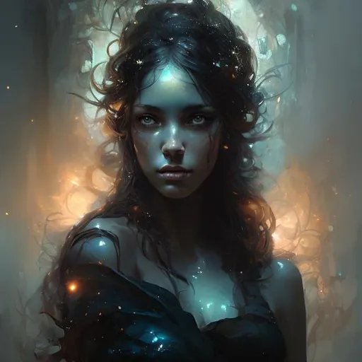 Prompt: art by Bastien Lecouffe-Deharme, portrait of a dark goddess, ethereal, starry background, elegant, beautiful, masterpiece, HD, 8k, highly detailed, looking at the camera