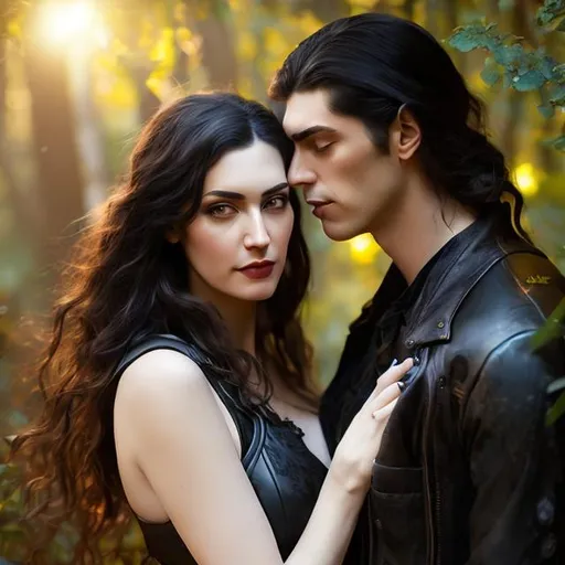 Prompt: full body photograph of a tall man and woman, Greek ancestry, in love, dark hair, dark leather, outside in the forest, kissing, in love, embracing, detailed eyes, detailed face, detailed, hyperrealistic, splash art, realistic style, fantasy