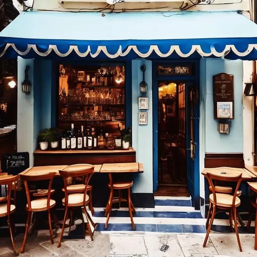 Prompt: a tiny Greek cafe, in the city, comfortable, street seating, old-fashioned, wooden furniture, wooden tables, bar, wide angle, inside, interior