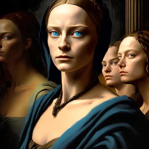 Prompt: splash art portrait of a young Bene Gesserit in the style of Renaissance painting, beautiful, intense, blue eyes, Fremen, masterpiece, chiaroscuro, highly detailed, Dune, jewellery