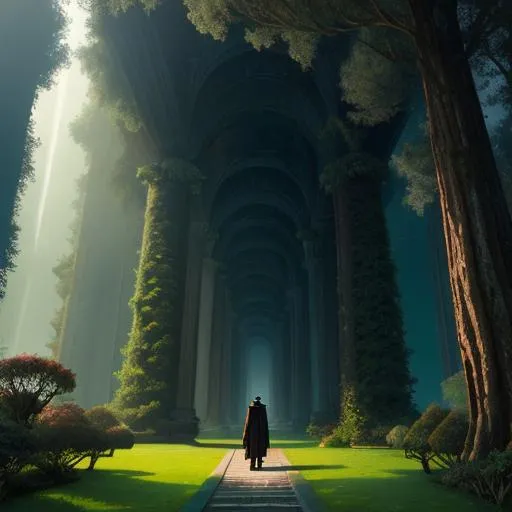 Prompt: A tall male humanoid is dwarfed by the great expanse of luscious gardens with a great dark palace, greek temple, and empty space. He stands on a path amidst cypress trees surrounded by an ethereal black and reddish mist, behance HD, underworld, aurora borealis, 