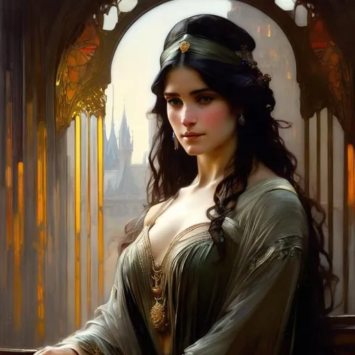 Prompt:  art by greg rutkowski, Alphonse Mucha, and John William Waterhouse, full body splash art of a very old sorceress, beautiful, friendly, looking at the camera, masterpiece, sensual, desire, open eyes, visible face, 8k, highly detailed, intricate, smooth, sharp focus, artstation, digital painting, concept art, D&D, fantasy, 