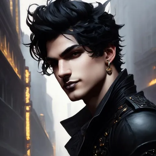 Prompt: full body splash art of a man, detailed face, looking at the camera, goth style, piercings, short hair, dark, soft colors, leather pants, flirty, smiling, elegant, friendly, androgynous, highly detailed, intricate, smooth, sharp focus, artstation, digital painting, concept art,art by greg rutkowski, alphonse mucha and John William Waterhouse, D&D, fantasy