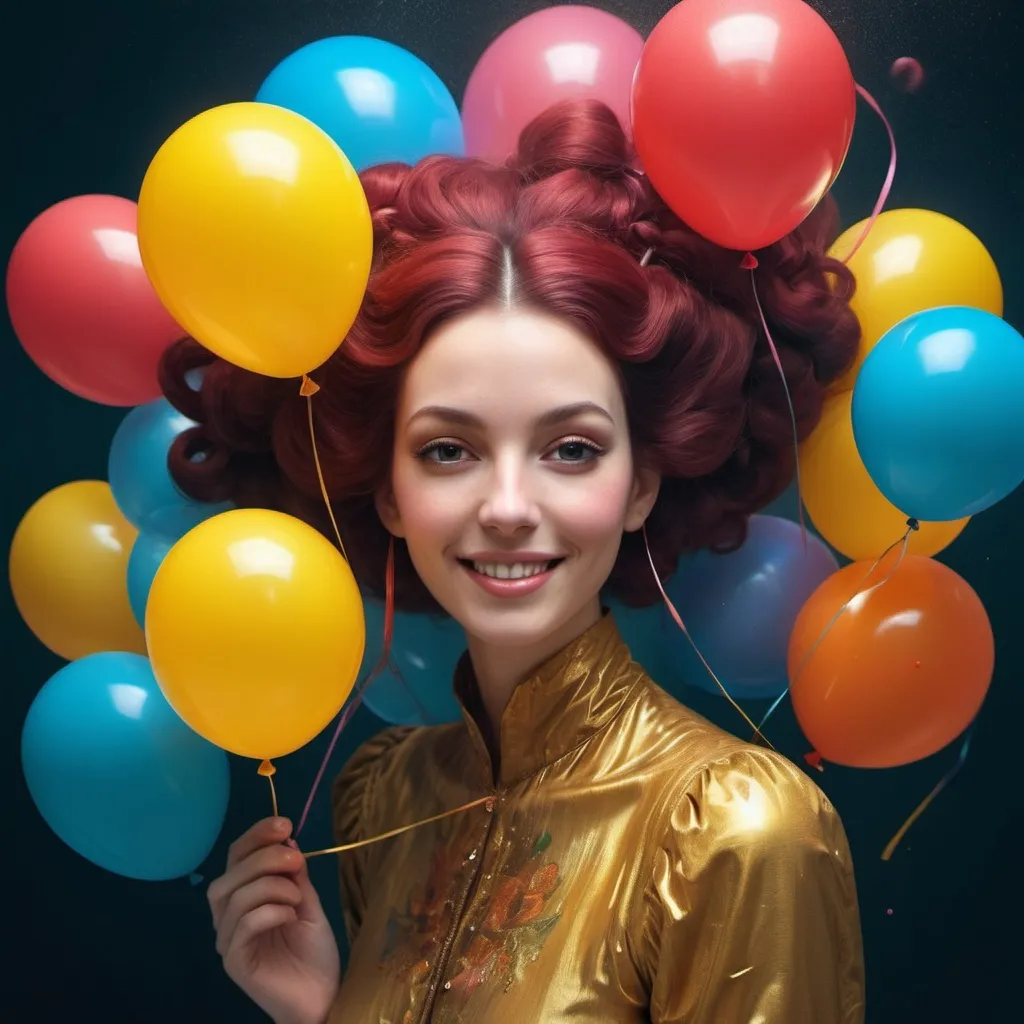 Prompt: splash art portrait by Bastien Lecouffe-Deharme, Hayv Kahraman, Erik Madigan Heck, Nicholas Hughes, Nicholas Hilliard, Daarken, faerietale couture, bright fantasy goddess, masterpiece, beautiful, desirable, smiling, goddess of balloons, highly detailed, shiny, balloon hair, bright balloons, colorful, golden glow, cinematic lighting, surrounded by balloons