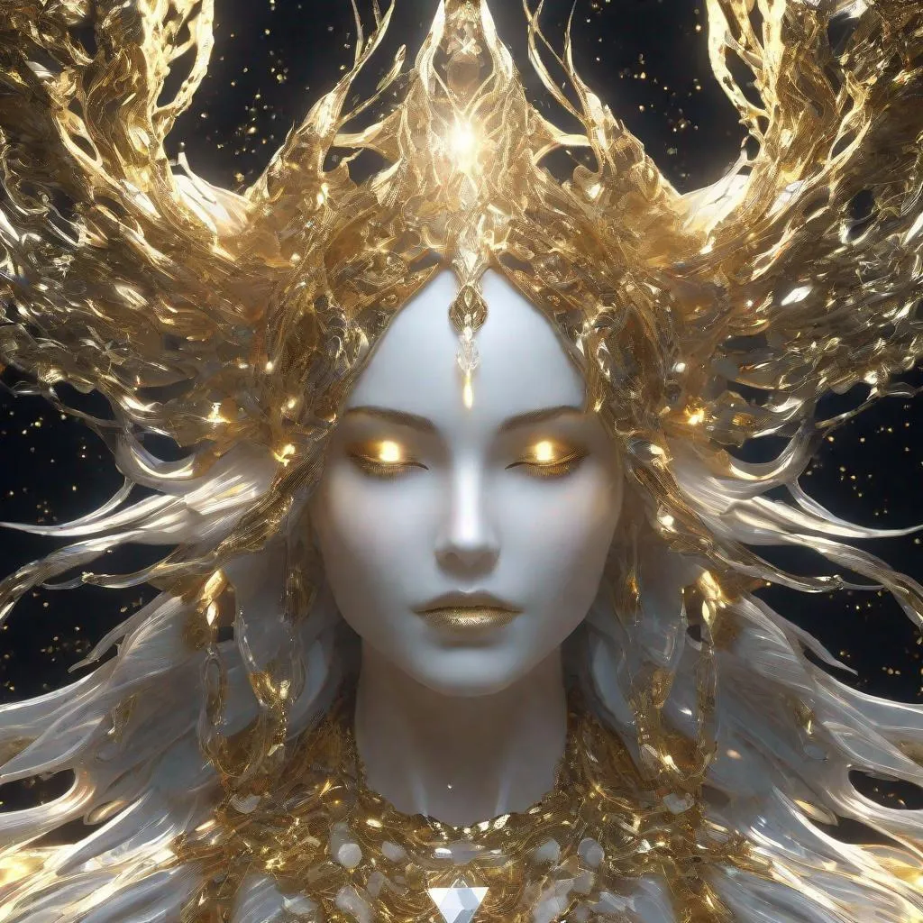 Prompt: Holy, Radiant, Majestic, 3D, HD, Cinematic lighting, (Beautiful {biblical demon}Female, {liquid}gold silver jade ivory sapphire), expansive ethereal background beautiful dark chaos, hyper realistic, 8K --s98500
