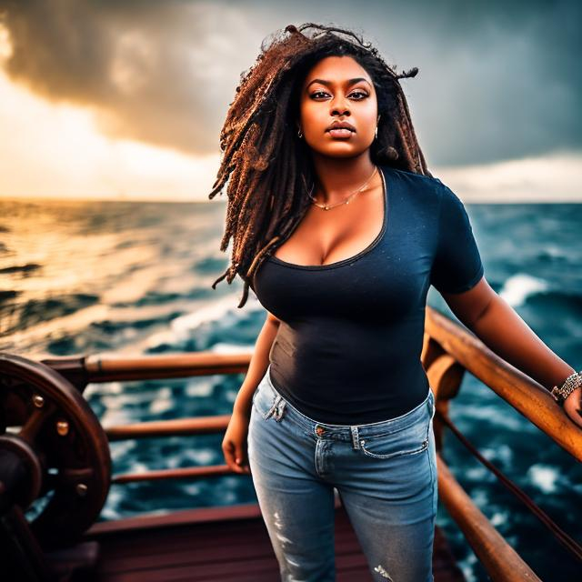 Prompt: full body image of a woman, beautiful, masterpiece, on board a pirate ship, wearing jeans, t-shirt, unruly hair, curvy, adventure, fantasy, realistic, highly detailed, detailed face, details, high quality, natural, outside, on board a ship, pirate ship, crimson sails, blue skies, blue sea, wind in his hair, tanned skin, 8k, art by luis royo, leather armor, neat and clean tangents, high contrast, concept art, looking at the camera