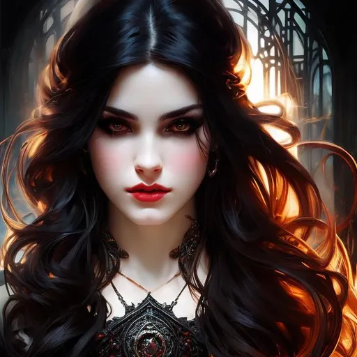 Prompt: Portrait splash art of a witch, furious, angry, older, bloody tears, blood on face, blood, wavy hair, feminine, small chest, dark dress, dangerous, flirty, elegant, highly detailed, intricate, smooth, chiaroscuro, sharp focus, artstation, digital painting, concept art, art by alphonse mucha and John William Waterhouse, D&D, , magic, witchy,