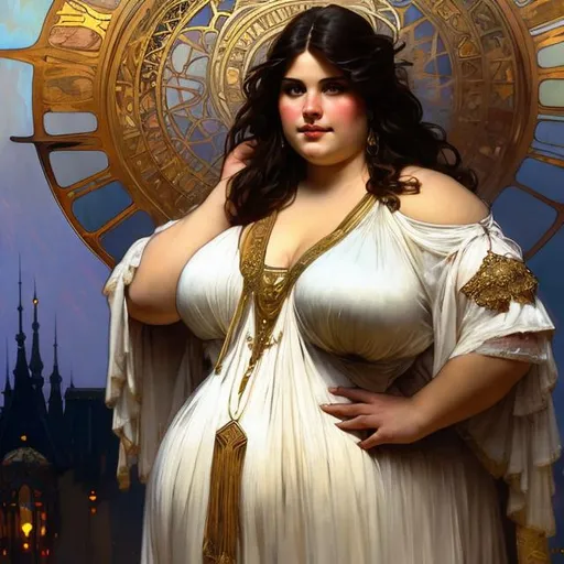 Prompt:  art by greg rutkowski, Alphonse Mucha, and John William Waterhouse, full body splash art of a fat sorceress, beautiful, friendly, looking at the camera, masterpiece, sensual, desire, open eyes, visible face, 8k, highly detailed, intricate, smooth, sharp focus, artstation, digital painting, concept art, D&D, fantasy, 