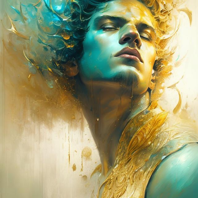 Prompt: art by Bastien Lecouffe Deharme and Billelis; splash art of the god Apollo, handsome, golden, sensual, looking at the camera, blue eyes, long golden hair, powerful, athletic, masculine, Greek, masterpiece, perfect male, highly detailed, detailed eyes, looking at the camera, fantasy, high definition, realistic, digital art, masterpiece, golden colors, 