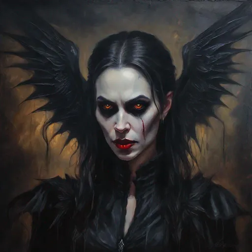 Prompt: an oil painting portrait of a female vampire, gothic, dark, dread, horror, dark atmosphere, dark fantasy, style of vampire, fury, mythology, leathery wings on the back