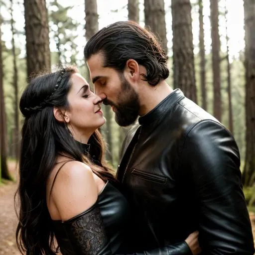 Prompt: full body photograph of a tall man and a woman, Greek heritage, in love, dark hair, dark leather, dark dress, outside in the forest, in love, embracing, detailed eyes, detailed face, detailed, hyperrealistic, splash art, realistic style, fantasy