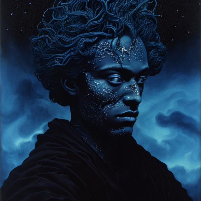 Prompt: art by Nicholas Hilliard, Nicholas Hughes; portrait of a dark god, ethereal, underworld, starry background, elegant, beautiful, masterpiece, HD, 8k, highly detailed, looking at the camera