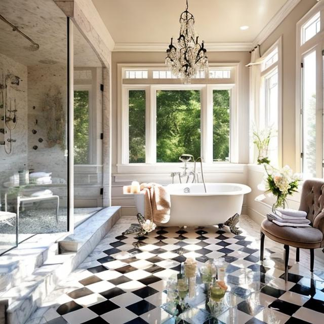 Prompt: a bathroom with a walk-in shower, one large window, feminine, candles, cozy, natural light, soft colors, bright, big room, chessboard floor