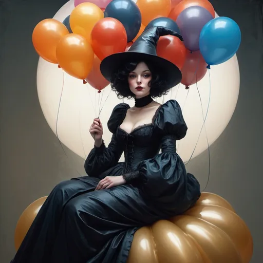 Prompt: art by Bastien Lecouffe-Deharme, Hayv Kahraman, Erik Madigan Heck, Nicholas Hughes, Nicholas Hilliard, Daarken, dark chubby fantasy balloon witch, chubby, sitting on a big shiny balloon, wearing shiny clothes, masterpiece, classical beauty, beautiful, desirable, smiling, highly detailed, shiny, balloon hair, metallic color balloons, colorful, war, glow, cinematic lighting, surrounded by balloons, interacting with balloons