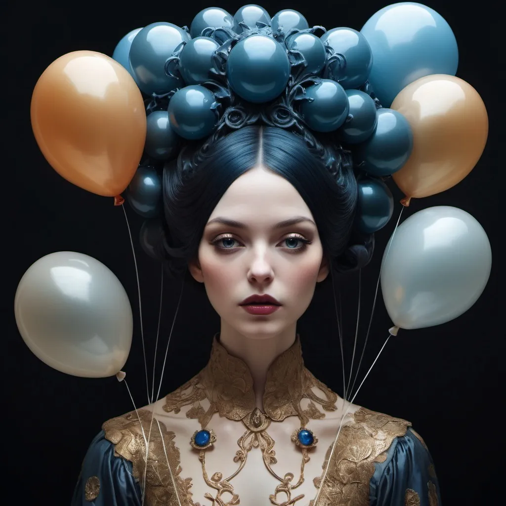 Prompt: splash art portrait by Bastien Lecouffe-Deharme, Hayv Kahraman, Erik Madigan Heck, Nicholas Hughes, Nicholas Hilliard, Daarken, faerietale couture, dark fantasy balloon goddess, highly detailed, shiny, balloon hair