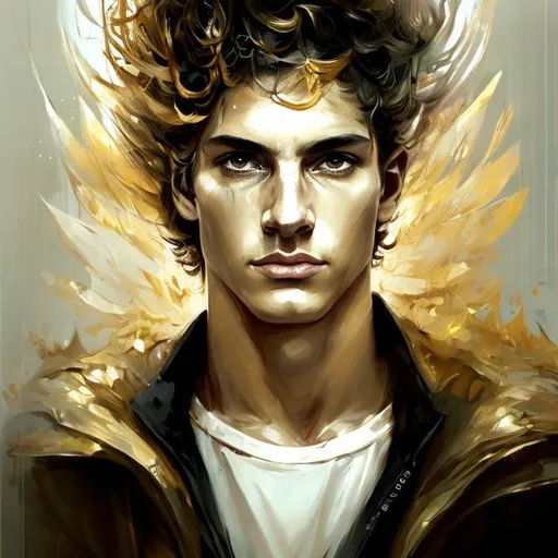 Prompt: art by Bastien Lecouffe Deharme and Billelis; splash art of the god Hermes in his 30s, handsome, golden, sensual, looking at the camera, powerful, cunning, androgynous, Greek, masterpiece, perfect male, highly detailed, detailed eyes, looking at the camera, fantasy, high definition, realistic, digital art, masterpiece, caduceus