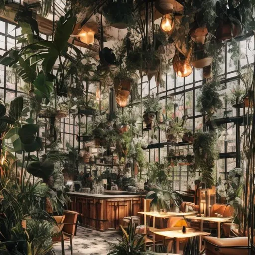 Prompt: a cozy cafe bar in a solarium, many many plants, many orchids, hanging plants, twinkling lights, cozy bar, sofas, wide shot, concept art, architecture, Berlin, comfortable interior, witchy