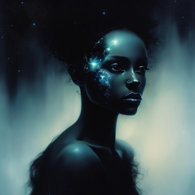 Prompt: art by Nicholas Hughes, portrait of a dark goddess, ethereal, starry background, elegant, beautiful, masterpiece, HD, 8k, highly detailed, looking at the camera