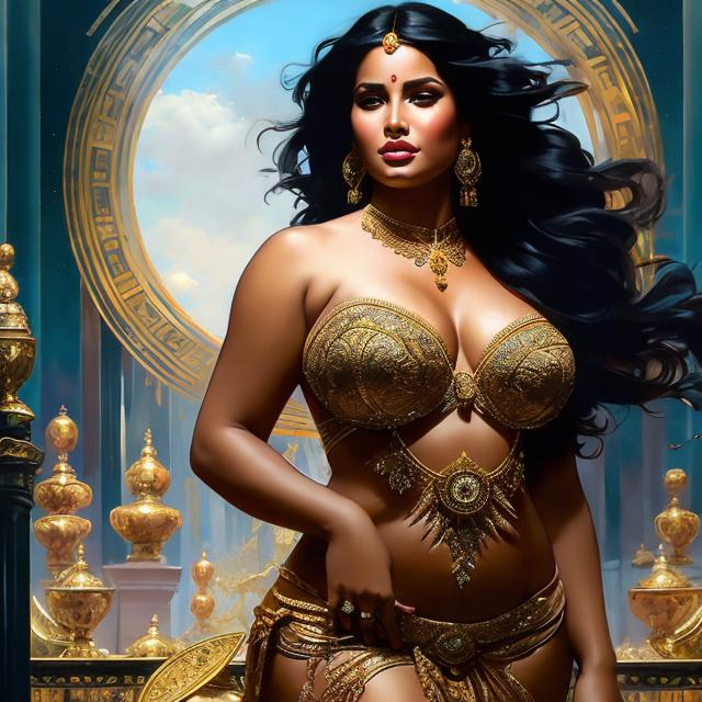 Prompt: full body splash art of a goddess, chubby, beautiful, friendly, looking at the camera, masterpiece, long hair, sensual, desire, dark colors, open eyes, visible face, 8k, highly detailed, intricate, smooth, sharp focus, artstation, digital painting, concept art, art by greg rutkowski, Alphonse Mucha, Luis Royo, and John William Waterhouse, D&D, fantasy, European, fae