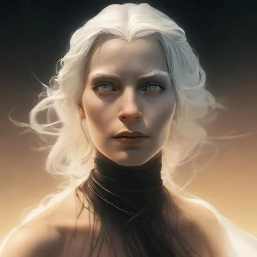 Prompt: portrait of a young woman, white hair, Bene Gesserit, witch, cinematic lighting, beautiful, chiaroscuro, 8k, realistic, wearing a dramatic dress, open eyes, masterpiece, on the planet Arrakis, Dune, 