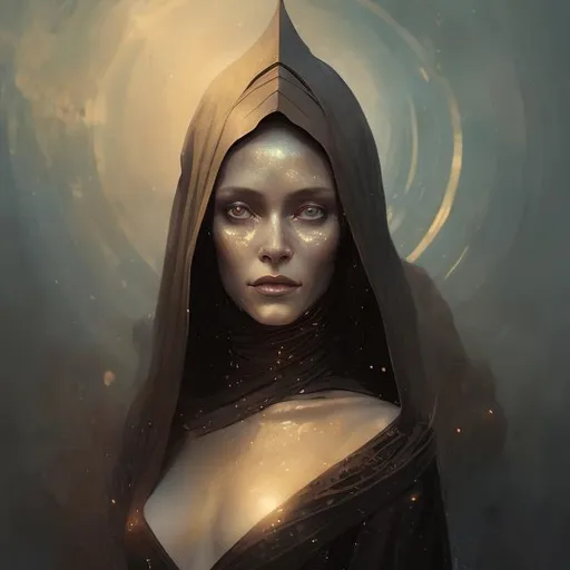 Prompt: art by Bastien Lecouffe-Deharme, Hayv Kahraman; splash art portrait of a Bene Gesserit witch, Dune, fantasy, ethereal, starry background, elegant, desirable, beautiful, masterpiece, HD, 8k, highly detailed, looking at the camera, cinematic lighting, 