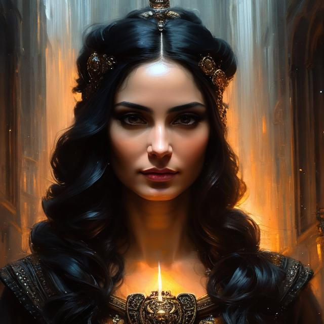 Prompt: portrait splash art of the goddess Hecate, detailed face, older, with dogs, long hair, feminine, small chest, dangerous, elegant, highly detailed, intricate, smooth, chiaroscuro, sharp focus, artstation, digital painting, concept art, art by greg rutkowski, John William Waterhouse, D&D, fantasy, at dusk