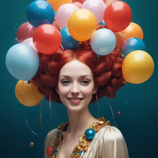 Prompt: splash art portrait by Bastien Lecouffe-Deharme, Hayv Kahraman, Erik Madigan Heck, Nicholas Hughes, Nicholas Hilliard, Daarken, faerietale couture, bright fantasy goddess, smiling, goddess of balloons, highly detailed, shiny, balloon hair, bright balloons