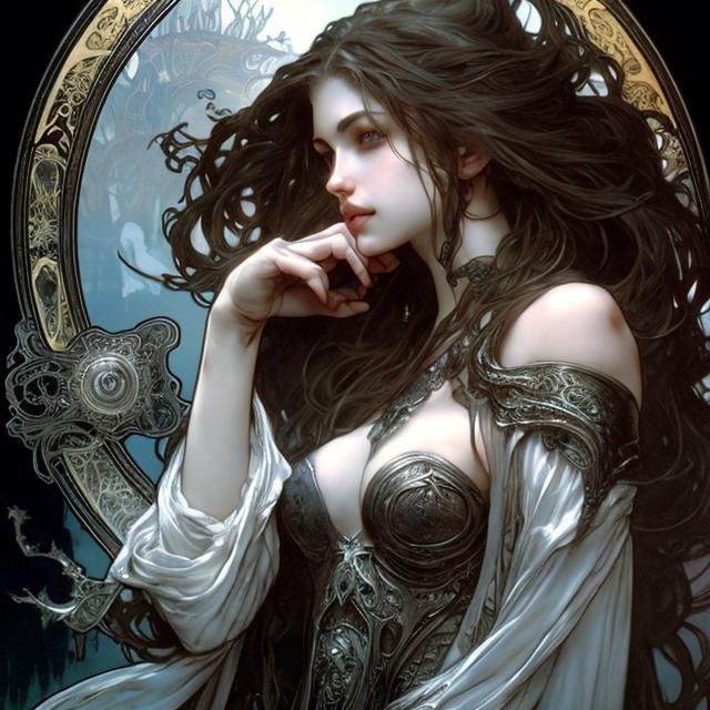 Prompt: Feyre Cursebreaker, splash art, detailed, eyes, highly detailed, elegant, intricate, 8k, art by Alphonse Mucha, Luis Royo