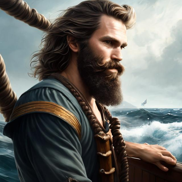 Prompt: full body splash art of a young sea captain on board a ship, roguish, dark hair, medium length hair, unruly hair, tall, athletic, white shirt, adventure, fantasy, realistic, highly detailed, detailed face, details, high quality, natural, outside, on board a ship, pirate ship, blue skies, blue sea, wind in his hair, tanned skin, 8k, art by luis royo, leather armor, neat and clean tangents, high contrast