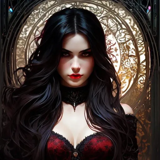 Prompt: Portrait splash art of a witch, furious, angry, older, bloody tears, blood on face, blood, wavy hair, feminine, small chest, dark dress, dangerous, flirty, elegant, highly detailed, intricate, smooth, chiaroscuro, sharp focus, artstation, digital painting, concept art, art by alphonse mucha and John William Waterhouse, D&D, , magic, witchy,
