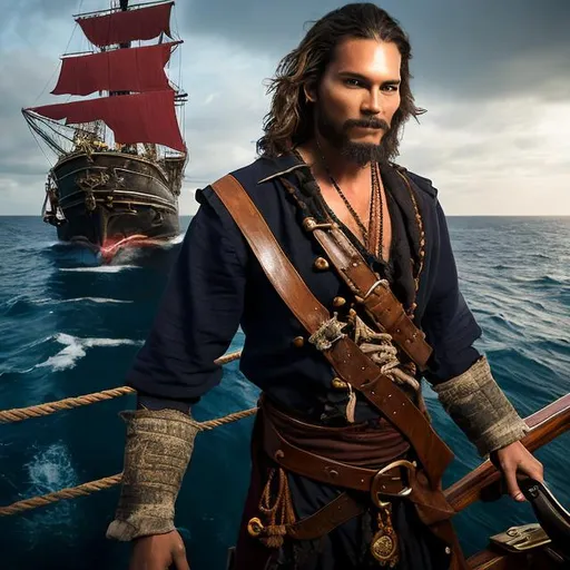 Prompt: full body image of a young pirate captain on board a ship, roguish, dark hair, medium length hair, unruly hair, tall, athletic, white shirt, adventure, fantasy, realistic, highly detailed, detailed face, details, high quality, natural, outside, on board a ship, pirate ship, blue skies, blue sea, wind in his hair, tanned skin, 8k, art by luis royo, leather armor, neat and clean tangents, high contrast, concept art, looking at the camera