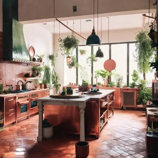 Prompt: a very large kitchen, a lot of space, big room, light tiles, open space, open concept, friendly, cozy, many herbs, many plants, comfortable, copper pots, warm, warm light, warm colors, homey, wide view, kitchen island, 