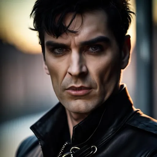 Prompt: A photo of a man, close-up, wearing black leather, leather pants, handcuffs, with short dark hair, dark eyes, natural light, dark colors, outside at dusk