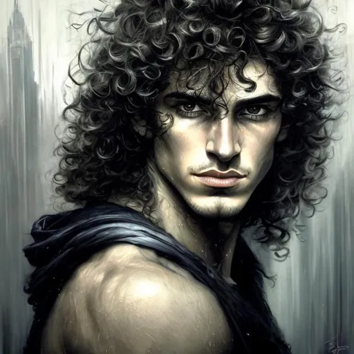 Prompt: art by Bastien Lecouffe, Luis Royo, and Billelis; splash art of the Greek god Hermes, handsome, in his 30s, sensual, cunning, androgynous, looking at the camera, curly hair, magical, androgynous, masterpiece, androgynous, highly detailed, detailed eyes, looking at the camera, fantasy, high definition, realistic, digital art, masterpiece, caduceus, warm colors