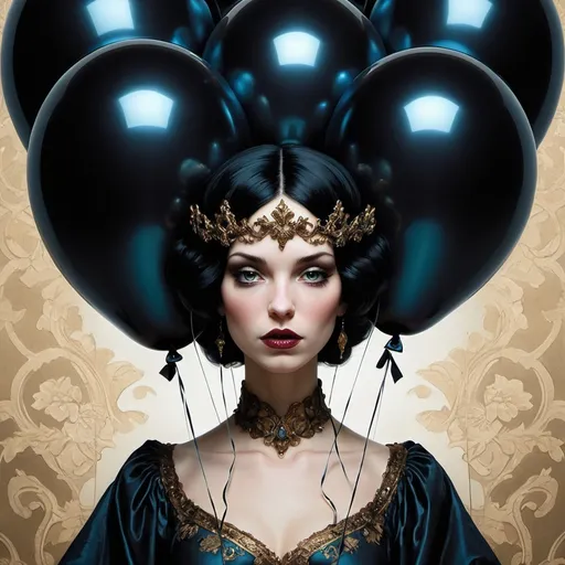 Prompt: comics cover by Bastien Lecouffe-Deharme, Hayv Kahraman, Erik Madigan Heck, Nicholas Hughes, Nicholas Hilliard, Daarken, faerietale couture, dark fantasy balloon goddess, highly detailed, shiny