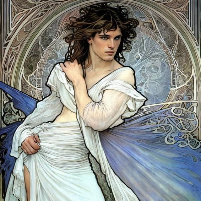 Prompt: art by Alphonse Mucha and Luis Royo, splash art of the god Apollo wearing only a long skirt, handsome, athletic, masculine, blonde hair, masterpiece, perfect male, highly detailed, detailed eyes, looking at the camera, fantasy, high definition, realistic, digital art, masterpiece, 