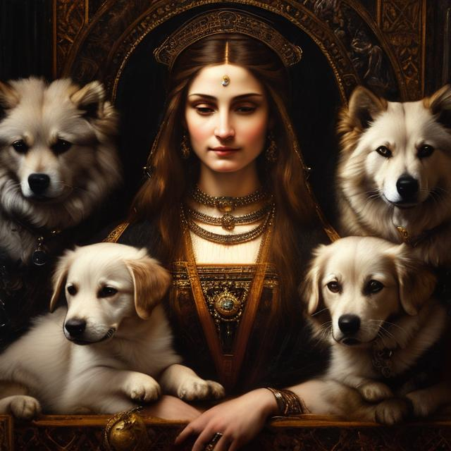 Prompt: renaissance portrait painting of the goddess Hecate, detailed face, older, with dogs, long hair, feminine, small chest, dangerous, elegant, highly detailed, intricate, smooth, chiaroscuro, sharp focus, artstation, digital painting, concept art, art by greg rutkowski, John William Waterhouse, D&D, fantasy, at dusk