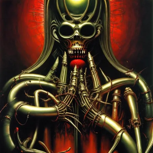 Prompt: Christmas, masterpiece, art by HR Giger , surreal art, red and green colors, golden light, highly detailed