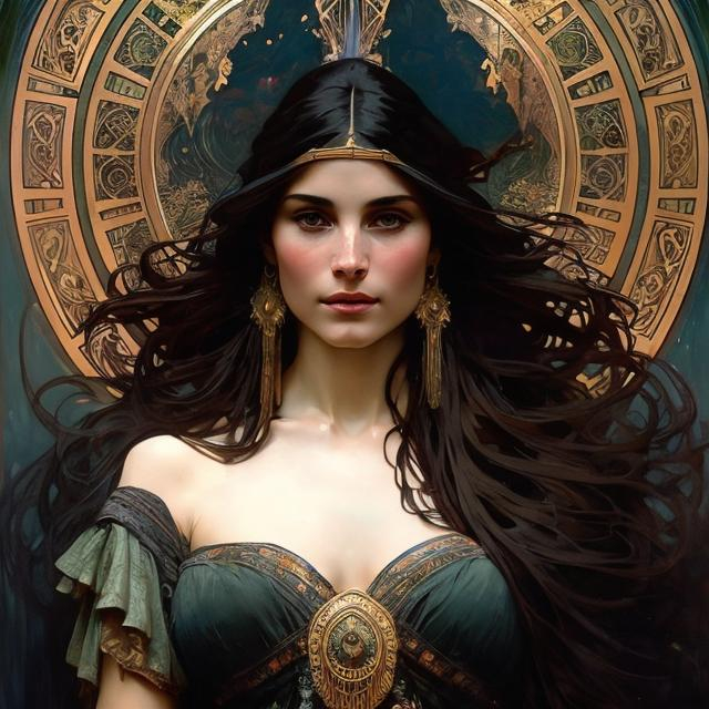 Prompt:  art by greg rutkowski, Alphonse Mucha, and John William Waterhouse, full body splash art of a very old sorceress, beautiful, friendly, looking at the camera, masterpiece, sensual, desire, open eyes, visible face, 8k, highly detailed, intricate, smooth, sharp focus, artstation, digital painting, concept art, D&D, fantasy, 