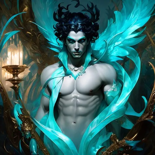Prompt: full body splash art of a cold fae prince with turquois eyes, man, beautiful, cruel, assassin, looking at the camera, masterpiece, sensual, desire, open eyes, visible face, 8k, highly detailed, intricate, smooth, sharp focus, artstation, digital painting, concept art, art by greg rutkowski, Alphonse Mucha, Luis Royo, and John William Waterhouse, D&D, fantasy, 