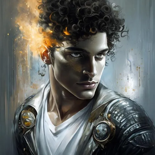 Prompt: art by Bastien Lecouffe, Deharme and Billelis; full body splash art of the god Hermes, handsome, in his 30s, sensual, androgynous, looking at the camera, curly hair, magical, androgynous, Greek, masterpiece, androgynous, highly detailed, detailed eyes, looking at the camera, fantasy, high definition, realistic, digital art, masterpiece, caduceus,
