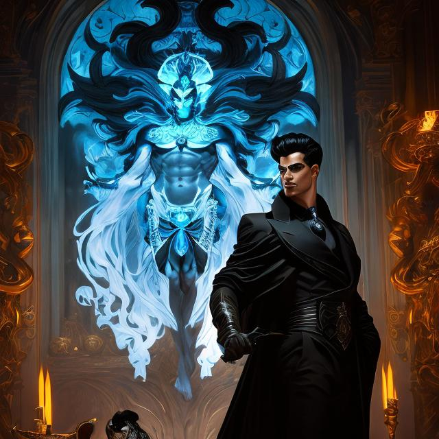 Prompt: full body  splash art of the god Hades, human man, detailed face, short hair, dark, business suit, masculine, bold colors, flirty, elegant, narcissus, highly detailed, intricate, smooth, chiaroscuro, sharp focus, artstation, digital painting, concept art,art by greg rutkowski, alphonse mucha and John William Waterhouse, D&D, fantasy, garden