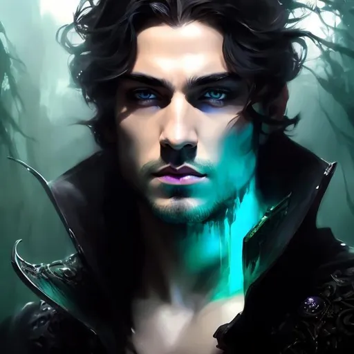 Prompt: portrait splash art of a cruel fae prince with turquoise eyes, man, beautiful, cold, assassin, looking at the camera, masterpiece, sensual, desire, open eyes, visible face, 8k, highly detailed, intricate, smooth, sharp focus, artstation, digital painting, concept art, art by greg rutkowski, Alphonse Mucha, Luis Royo, and John William Waterhouse, D&D, fantasy, 