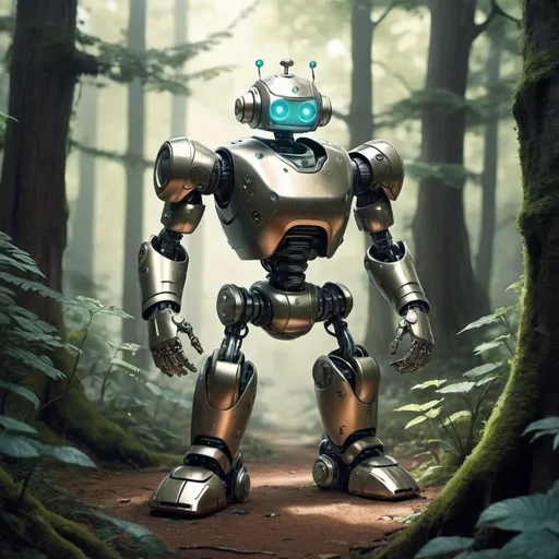 Prompt: A robot that is built for boxing.  This robot is in a high fantasy forest setting.  This robot is slightly cute. This robot's color scheme is metallic.