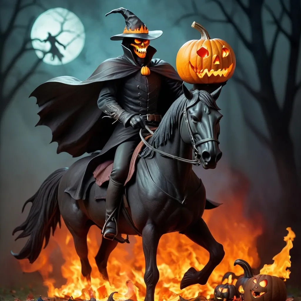 Prompt: Headless horseman with a flaming pumpkin as a head