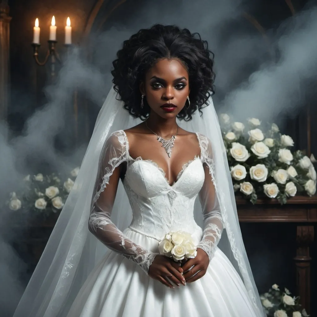 Prompt: young black woman vampire in white wedding dress necromancer
