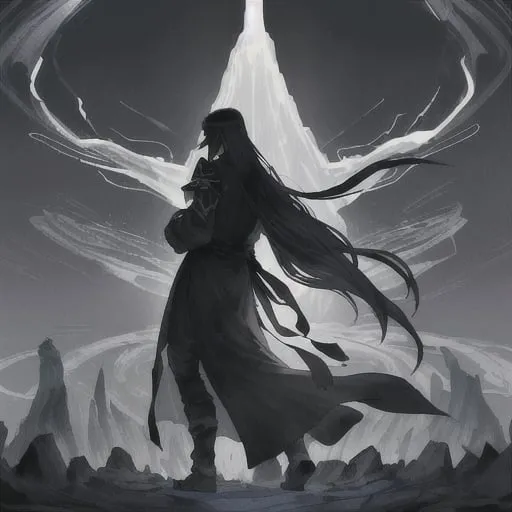 Prompt: The dense mist swirled around the towering figure, casting an enigmatic aura as he stood with an imposing presence. At a height of two meters, he commanded attention, his long hair cascading like a waterfall down his back, shrouded in an air of mystery. A black blindfold veiled his eyes, hinting at depths of wisdom beyond mortal comprehension.

In the midst of a world where realities converged, blending fragments from countless dimensions, he stood as a sentinel of the amalgamated realm. The fabric of his attire, a white black cassock, whispered tales of forgotten epochs and lost civilizations.

As he traversed the shifting landscapes of this multifaceted domain, the absence of modernity stood as a testament to the forgotten lore that once thrived. Here, amidst the amalgam of worlds, the hum of electronics and the roar of engines were but echoes of distant memories, their existence fading into the annals of history.

Yet, amidst this convergence of realms and eras, the blind master remained a constant, a beacon of ancient wisdom and timeless knowledge, guiding those who dared to tread the paths of the interconnected cosmos.