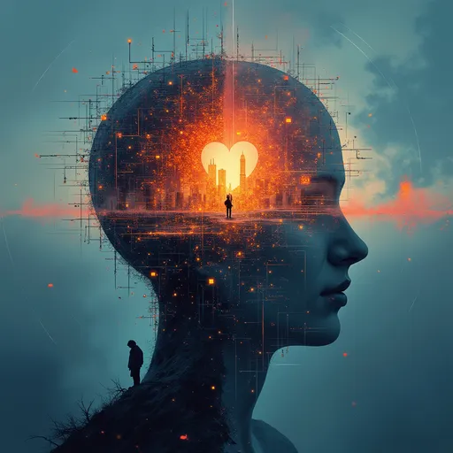 Prompt: 
Prompt for AI Image Generation:
“Abstract split image: left half shows futuristic AI networks, robots, and cityscape; right half shows a lonely human figure under a twilight sky, with handwritten notes floating around. A brain at the center, with one half glowing in circuits and the other half softly beating like a heart.”