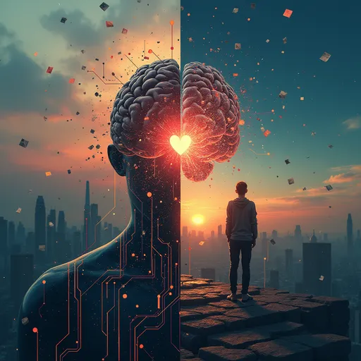 Prompt: 
Prompt for AI Image Generation:
“Abstract split image: left half shows futuristic AI networks, robots, and cityscape; right half shows a lonely human figure under a twilight sky, with handwritten notes floating around. A brain at the center, with one half glowing in circuits and the other half softly beating like a heart.”