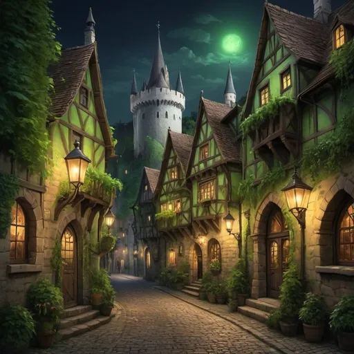 Prompt: Draw the streets at night of an enchanted city that has heavy European medieval style architecture. The City is filled with lush green vegetation with vibrant green colors about with the castles of old. Street lamps are filled with a soft green glow. Add in people milling about the streets from a tavern. Add in darker alley ways as well.
